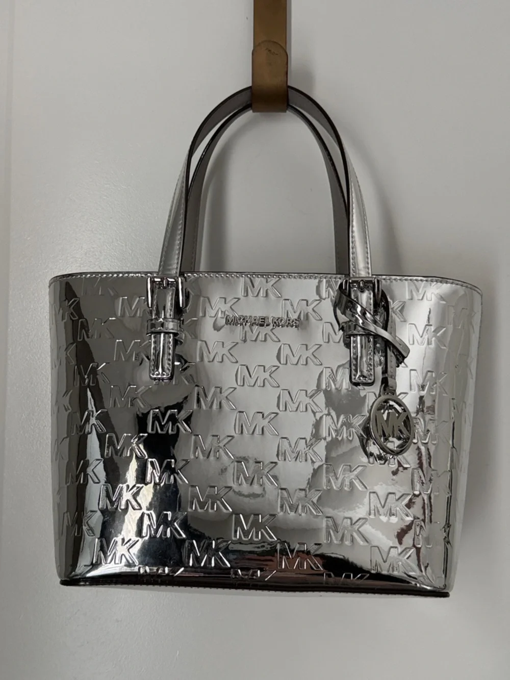 MICHAEL KORS Jet Set Extra Small Metallic Silver Embossed Tote - Picture 2 of 16